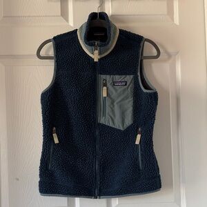 Patagonia Women’s Navy Sherpa Fleece Vest with Light Blue Chest Pocket